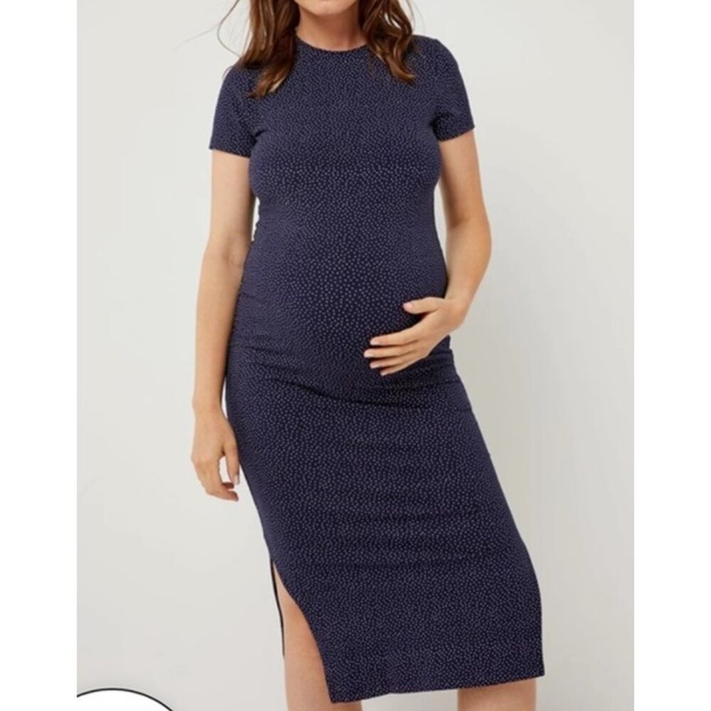 A Pea in the Pod Polka Dot Short Sleeve Maternity Midi Dress Navy SZ Large